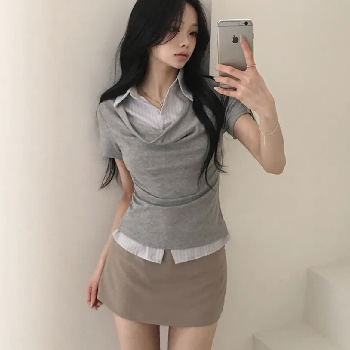 한국 chic 여름 연령 감소 스트라이프 셔츠 칼라 패치워크 말뚝 더미 칼라 몸매 가꾸기 슬림해 보이는 페이크 레이어드 반팔 티셔츠 여성