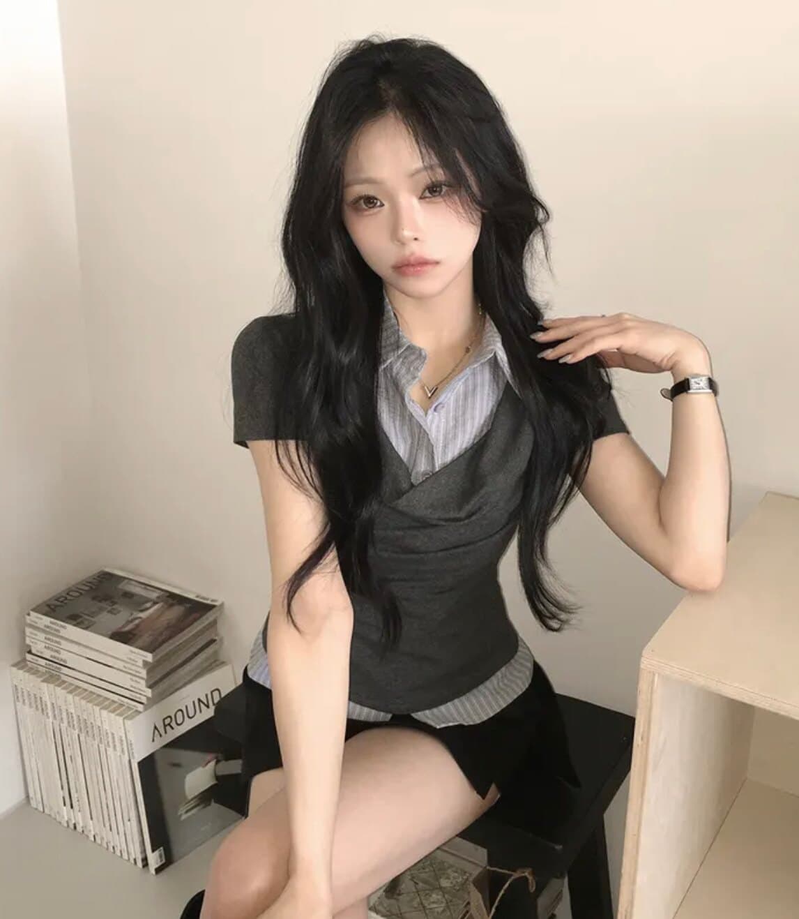 한국 chic 여름 연령 감소 스트라이프 셔츠 칼라 패치워크 말뚝 더미 칼라 몸매 가꾸기 슬림해 보이는 페이크 레이어드 반팔 티셔츠 여성 상세 이미지 5