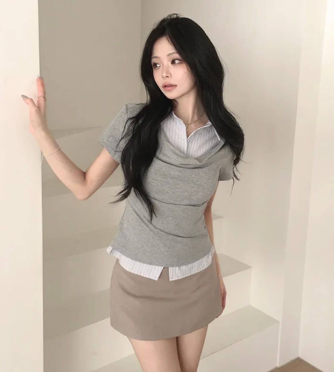 한국 chic 여름 연령 감소 스트라이프 셔츠 칼라 패치워크 말뚝 더미 칼라 몸매 가꾸기 슬림해 보이는 페이크 레이어드 반팔 티셔츠 여성 상세 이미지 7
