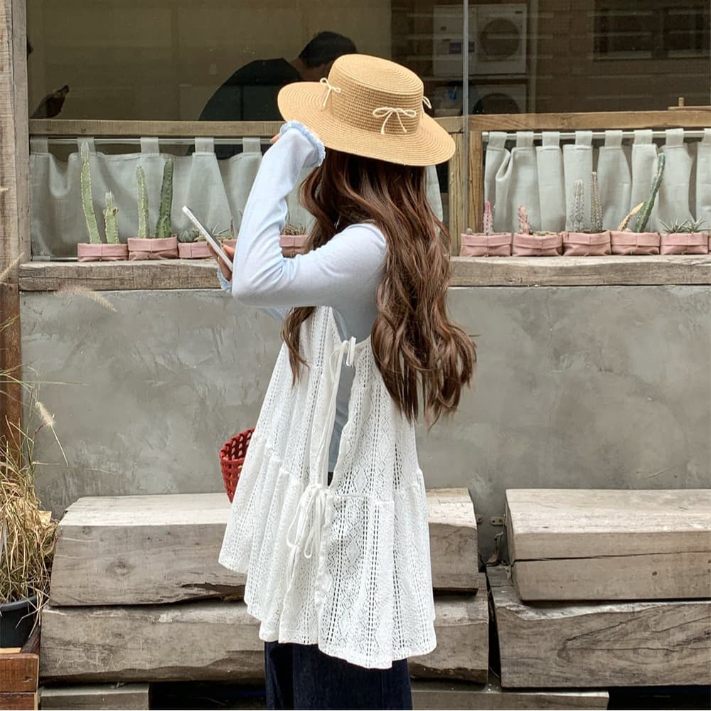 kumikumi 달콤함 홀로우 아웃 레이스 레이스업 루즈핏 빅 사이즈 조끼 여성 드레스 계절 스택 착용 유물 이미지 3
