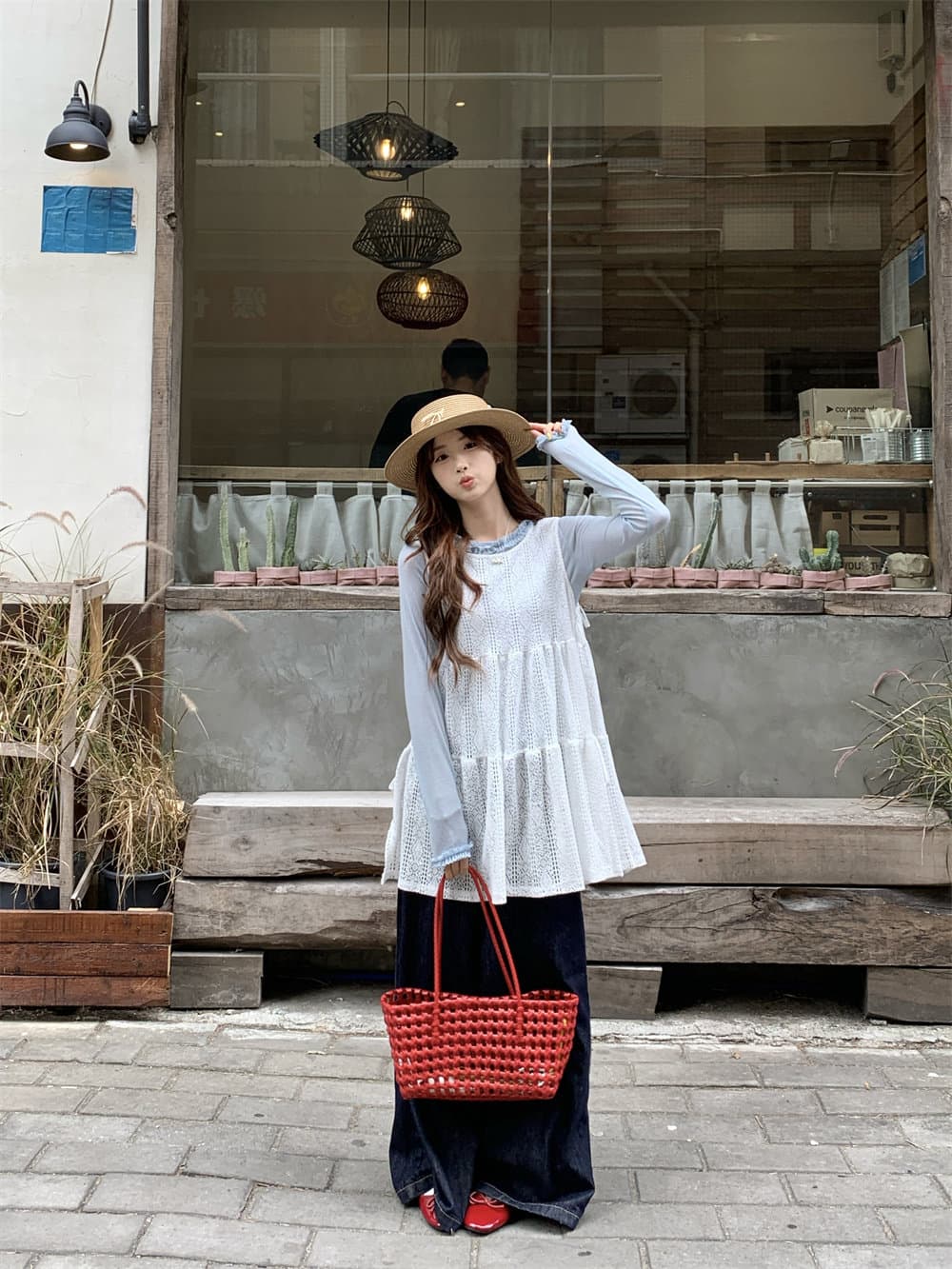 kumikumi 달콤함 홀로우 아웃 레이스 레이스업 루즈핏 빅 사이즈 조끼 여성 드레스 계절 스택 착용 유물 상세 이미지 3