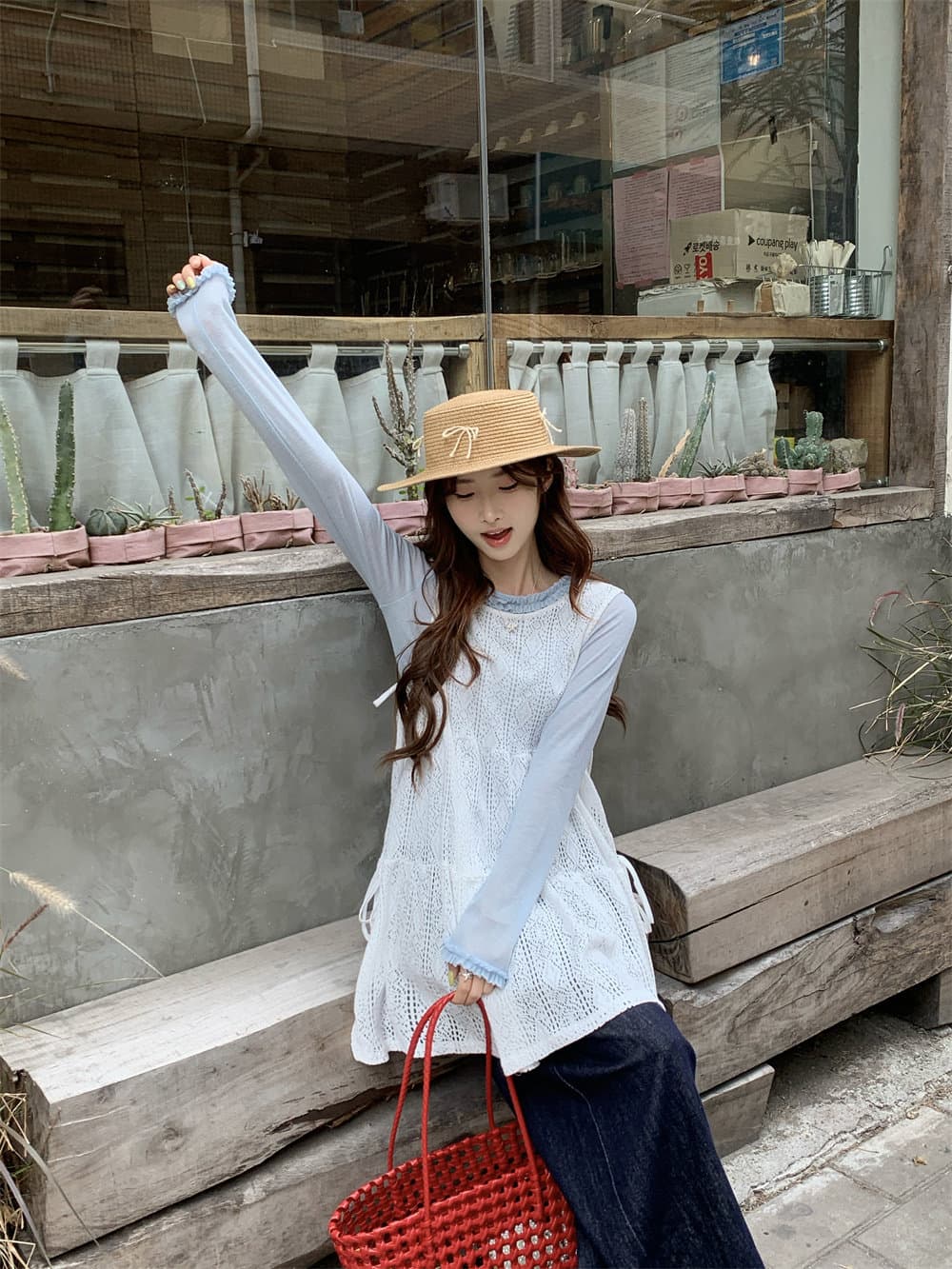 kumikumi 달콤함 홀로우 아웃 레이스 레이스업 루즈핏 빅 사이즈 조끼 여성 드레스 계절 스택 착용 유물 상세 이미지 7