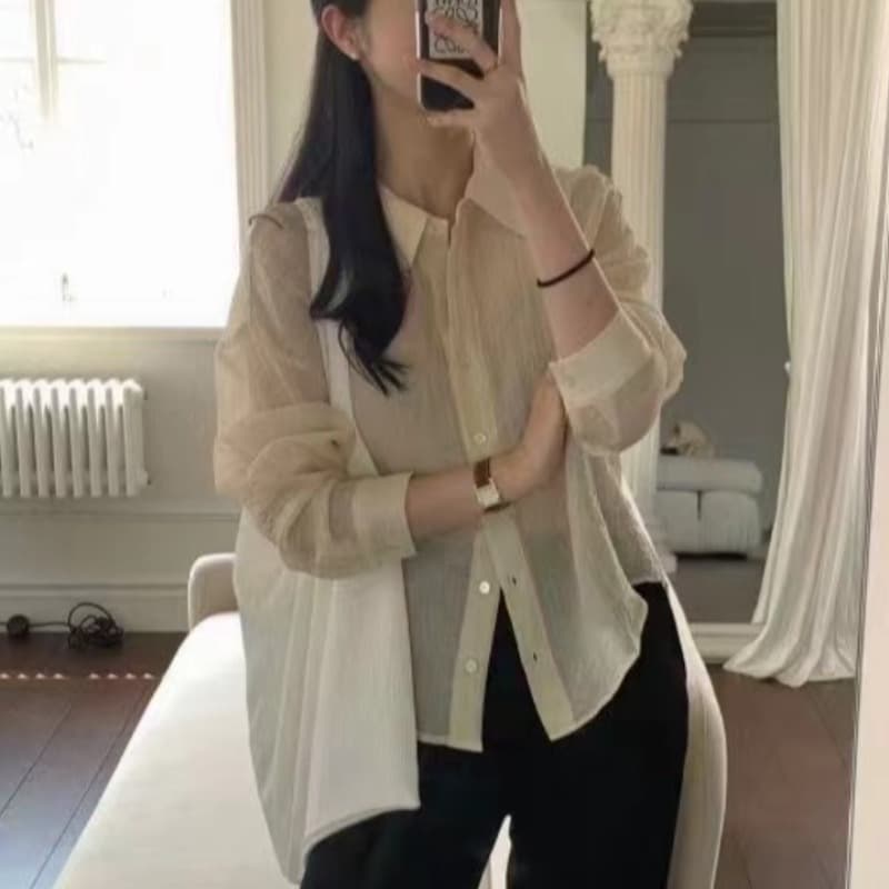 hellojune 한국 동대문 투명한 품격 유럽 니켈 브라운 싱글 줄 버튼 긴팔 자외선 차단 셔츠 이미지 4