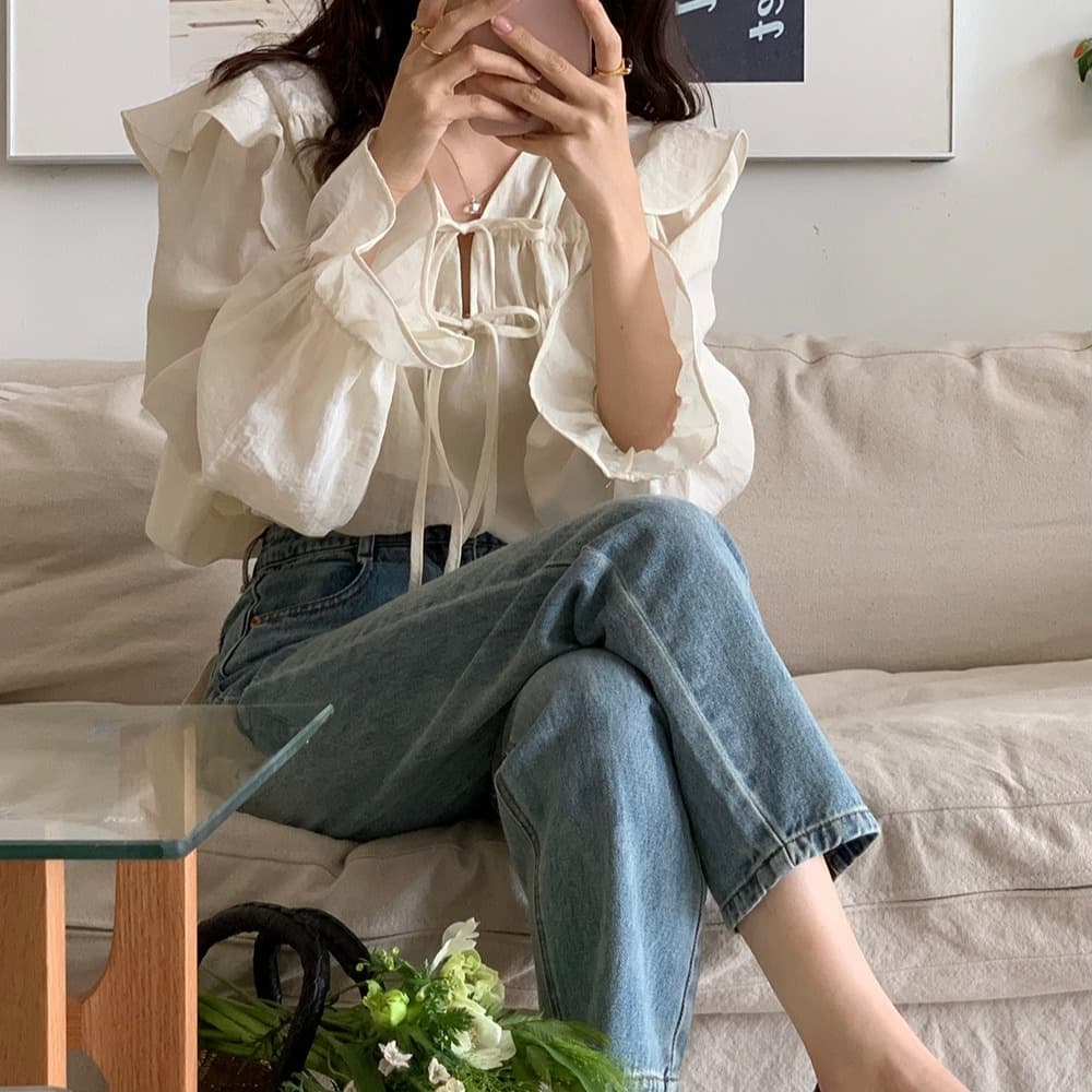 한 부서 chic 고급 센스 프릴 레이스업 나팔 소매 여성 셔츠 매우 요정 ~ 중 우유 부서 부드러운 보라색 Chic 맨위 이미지 4