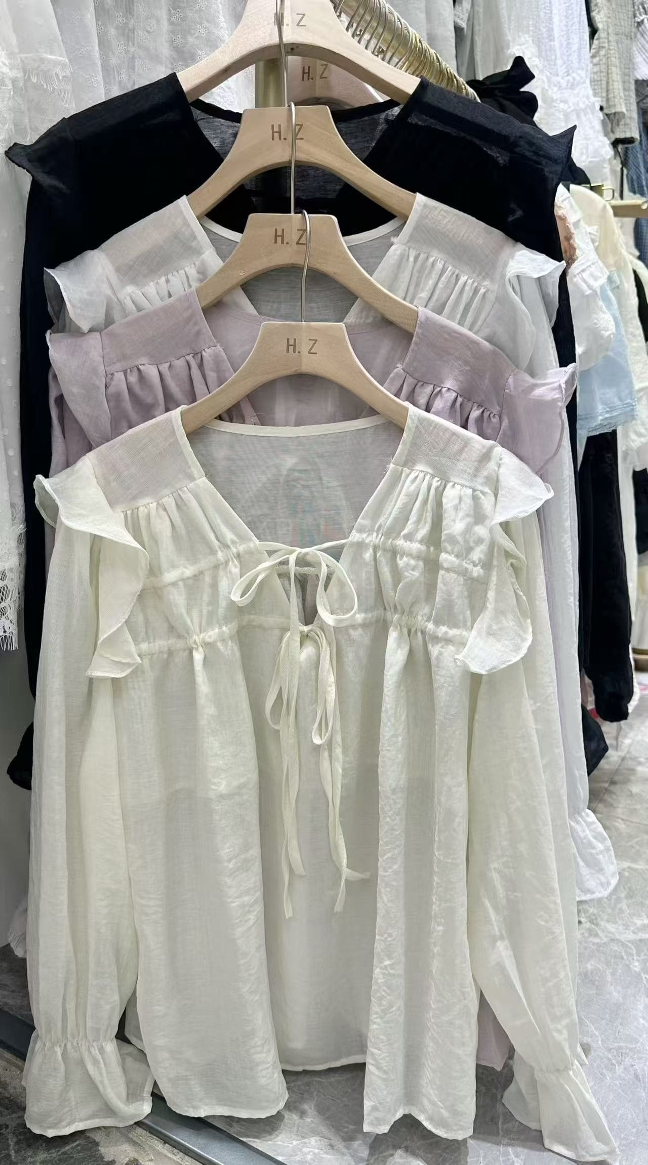 한 부서 chic 고급 센스 프릴 레이스업 나팔 소매 여성 셔츠 매우 요정 ~ 중 우유 부서 부드러운 보라색 Chic 맨위 상세 이미지 1