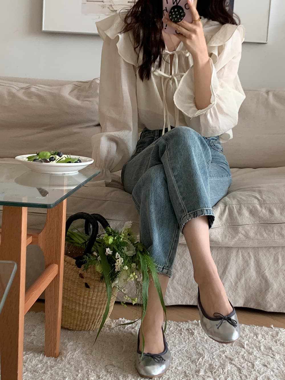 한 부서 chic 고급 센스 프릴 레이스업 나팔 소매 여성 셔츠 매우 요정 ~ 중 우유 부서 부드러운 보라색 Chic 맨위 상세 이미지 4