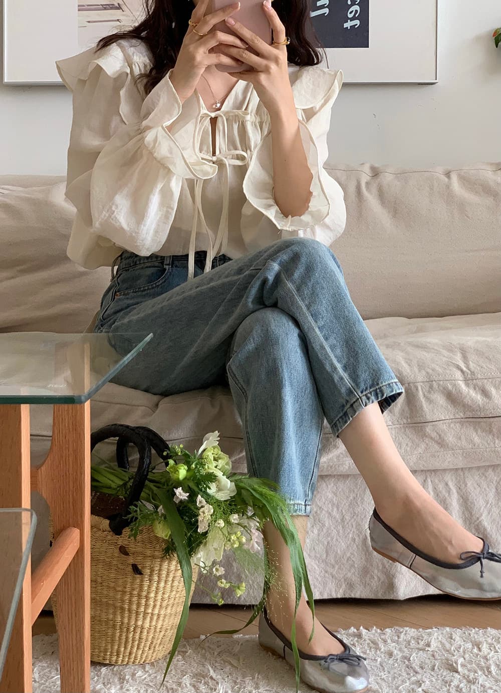 한 부서 chic 고급 센스 프릴 레이스업 나팔 소매 여성 셔츠 매우 요정 ~ 중 우유 부서 부드러운 보라색 Chic 맨위 상세 이미지 7