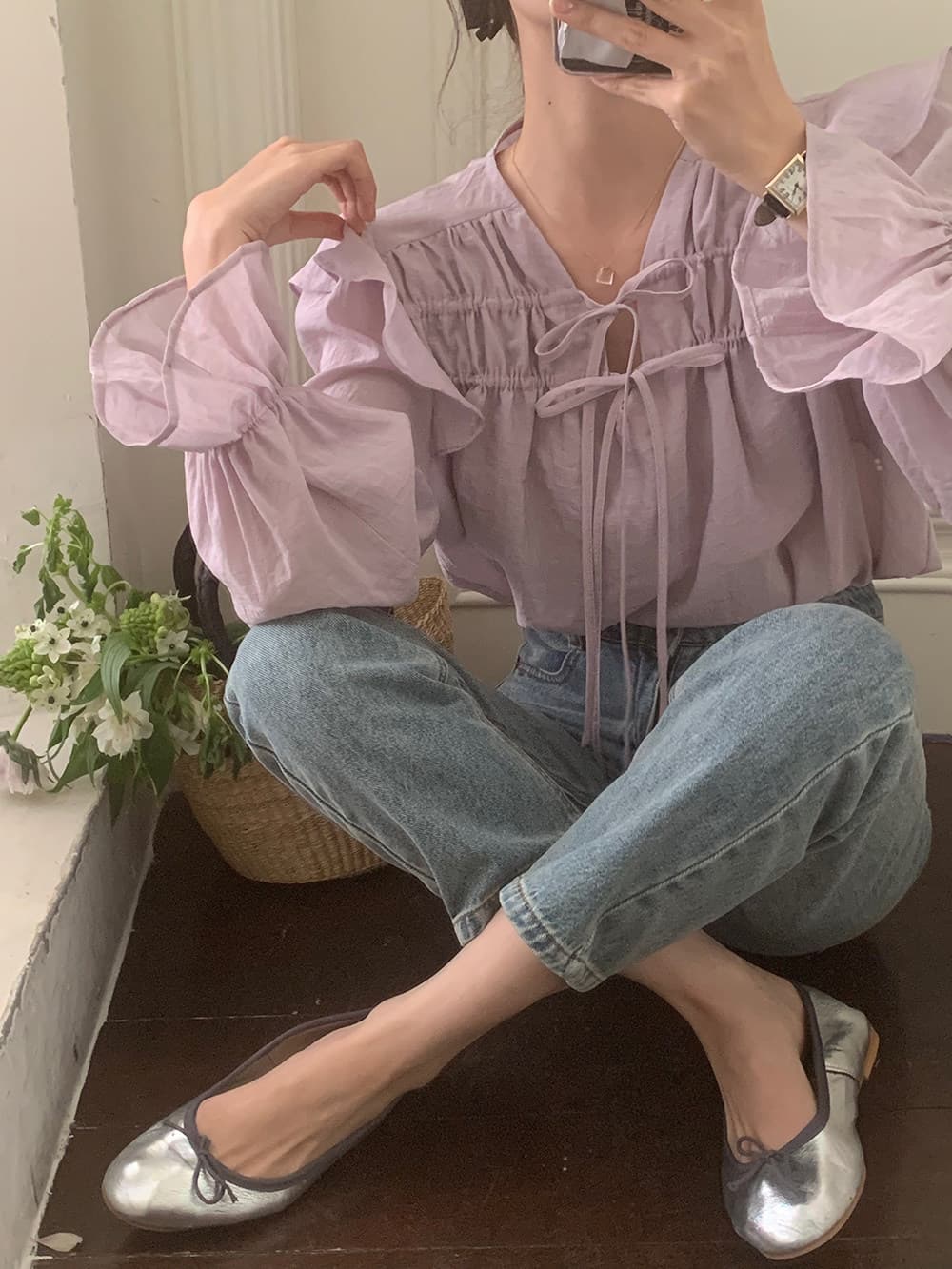 한 부서 chic 고급 센스 프릴 레이스업 나팔 소매 여성 셔츠 매우 요정 ~ 중 우유 부서 부드러운 보라색 Chic 맨위 상세 이미지 8