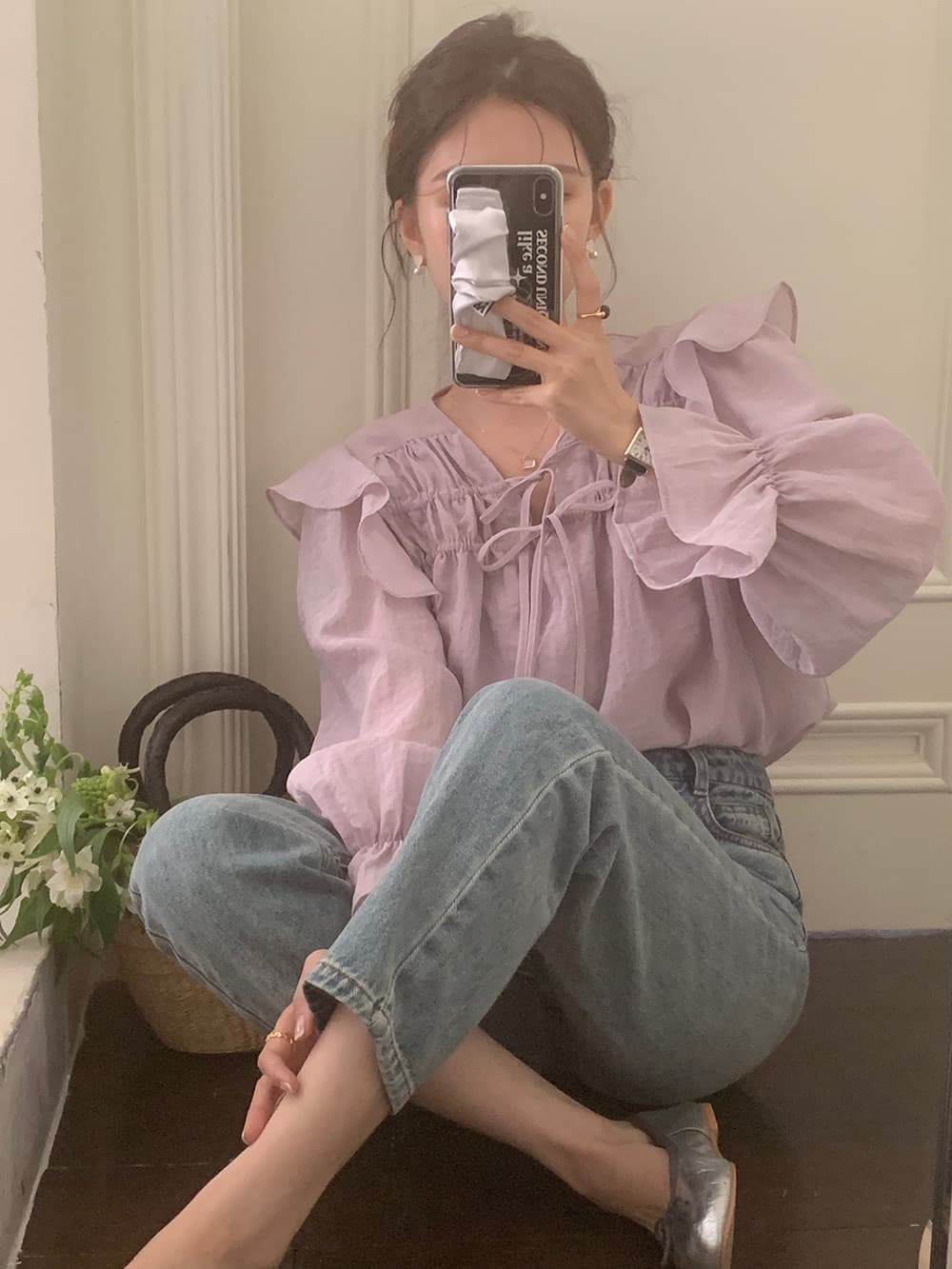 한 부서 chic 고급 센스 프릴 레이스업 나팔 소매 여성 셔츠 매우 요정 ~ 중 우유 부서 부드러운 보라색 Chic 맨위 상세 이미지 9