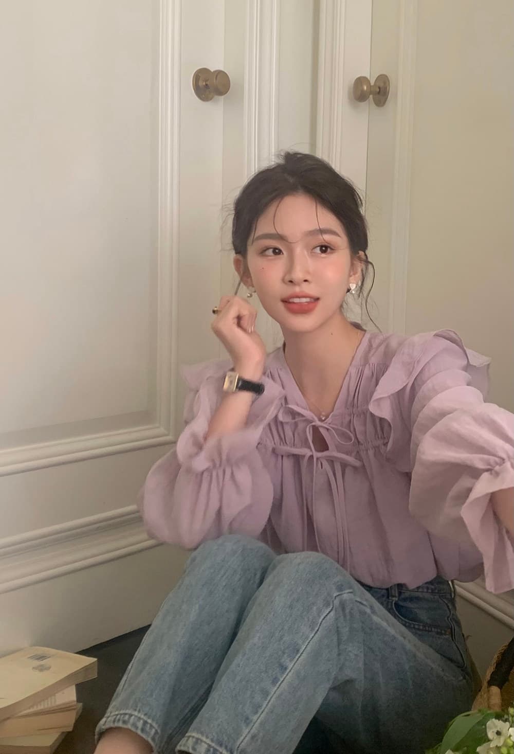 한 부서 chic 고급 센스 프릴 레이스업 나팔 소매 여성 셔츠 매우 요정 ~ 중 우유 부서 부드러운 보라색 Chic 맨위 상세 이미지 13