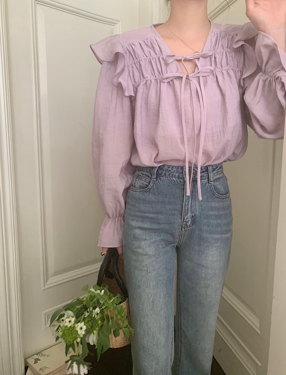 한 부서 chic 고급 센스 프릴 레이스업 나팔 소매 여성 셔츠 매우 요정 ~ 중 우유 부서 부드러운 보라색 Chic 맨위 상세 이미지 16