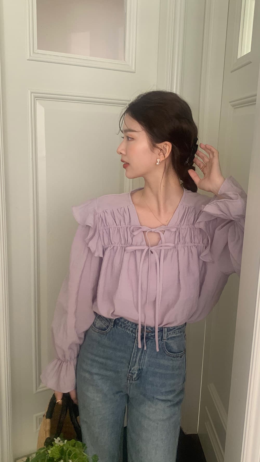 한 부서 chic 고급 센스 프릴 레이스업 나팔 소매 여성 셔츠 매우 요정 ~ 중 우유 부서 부드러운 보라색 Chic 맨위 상세 이미지 17