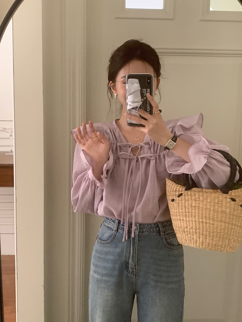한 부서 chic 고급 센스 프릴 레이스업 나팔 소매 여성 셔츠 매우 요정 ~ 중 우유 부서 부드러운 보라색 Chic 맨위 상세 이미지 19