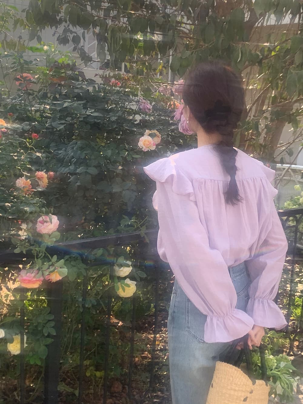 한 부서 chic 고급 센스 프릴 레이스업 나팔 소매 여성 셔츠 매우 요정 ~ 중 우유 부서 부드러운 보라색 Chic 맨위 상세 이미지 27