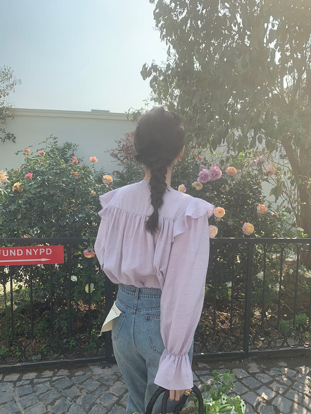 한 부서 chic 고급 센스 프릴 레이스업 나팔 소매 여성 셔츠 매우 요정 ~ 중 우유 부서 부드러운 보라색 Chic 맨위 상세 이미지 28