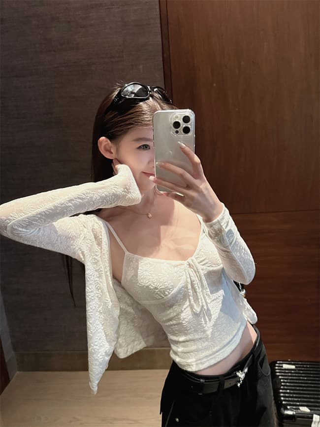 다우 다우 눈 푸 부드러운 분위기 센스 맞춤 레이스 조끼 나팔 소매 슬림해 보이는 몸매 가꾸기 오픈 가디건 투피스 세트 상세 이미지 1