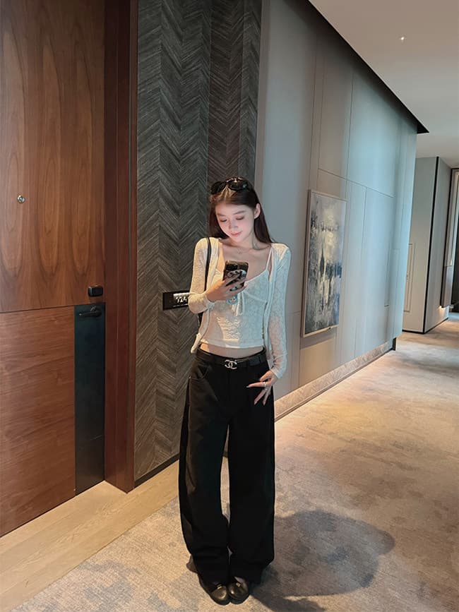 다우 다우 눈 푸 부드러운 분위기 센스 맞춤 레이스 조끼 나팔 소매 슬림해 보이는 몸매 가꾸기 오픈 가디건 투피스 세트 상세 이미지 2