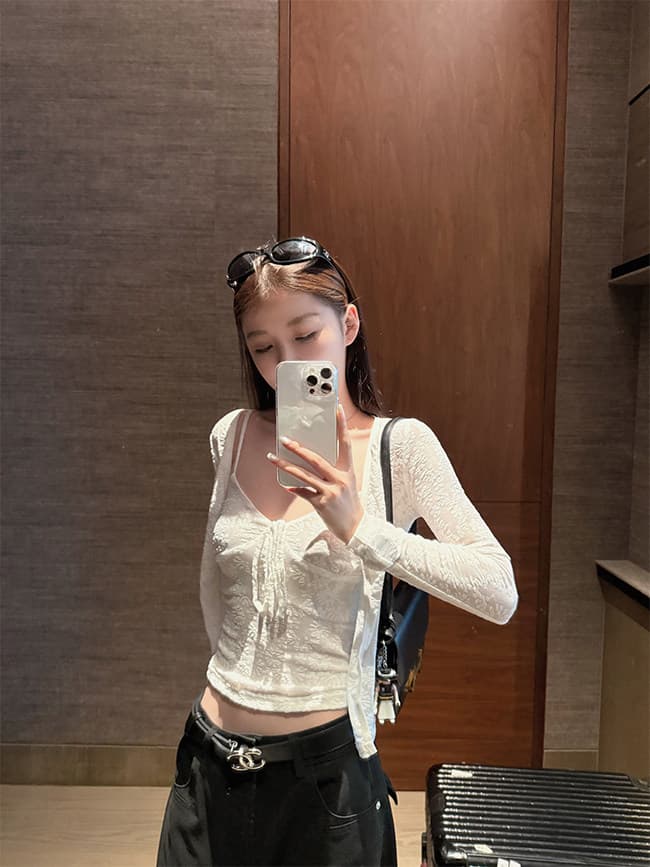 다우 다우 눈 푸 부드러운 분위기 센스 맞춤 레이스 조끼 나팔 소매 슬림해 보이는 몸매 가꾸기 오픈 가디건 투피스 세트 상세 이미지 4