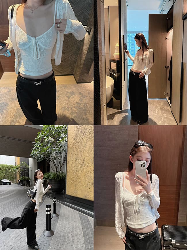 다우 다우 눈 푸 부드러운 분위기 센스 맞춤 레이스 조끼 나팔 소매 슬림해 보이는 몸매 가꾸기 오픈 가디건 투피스 세트 상세 이미지 7