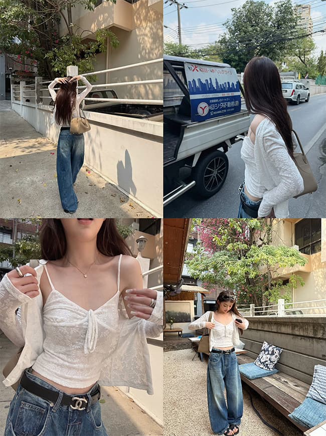 다우 다우 눈 푸 부드러운 분위기 센스 맞춤 레이스 조끼 나팔 소매 슬림해 보이는 몸매 가꾸기 오픈 가디건 투피스 세트 상세 이미지 9