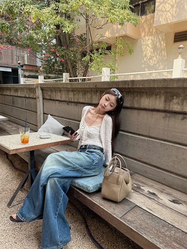 다우 다우 눈 푸 부드러운 분위기 센스 맞춤 레이스 조끼 나팔 소매 슬림해 보이는 몸매 가꾸기 오픈 가디건 투피스 세트 상세 이미지 10