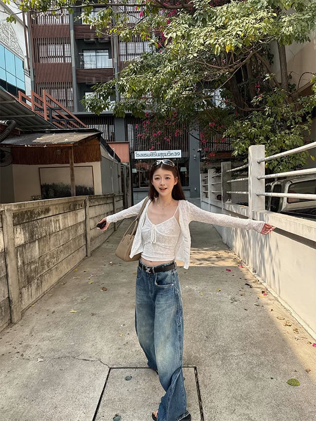 다우 다우 눈 푸 부드러운 분위기 센스 맞춤 레이스 조끼 나팔 소매 슬림해 보이는 몸매 가꾸기 오픈 가디건 투피스 세트 상세 이미지 14