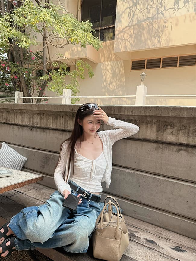 다우 다우 눈 푸 부드러운 분위기 센스 맞춤 레이스 조끼 나팔 소매 슬림해 보이는 몸매 가꾸기 오픈 가디건 투피스 세트 상세 이미지 15