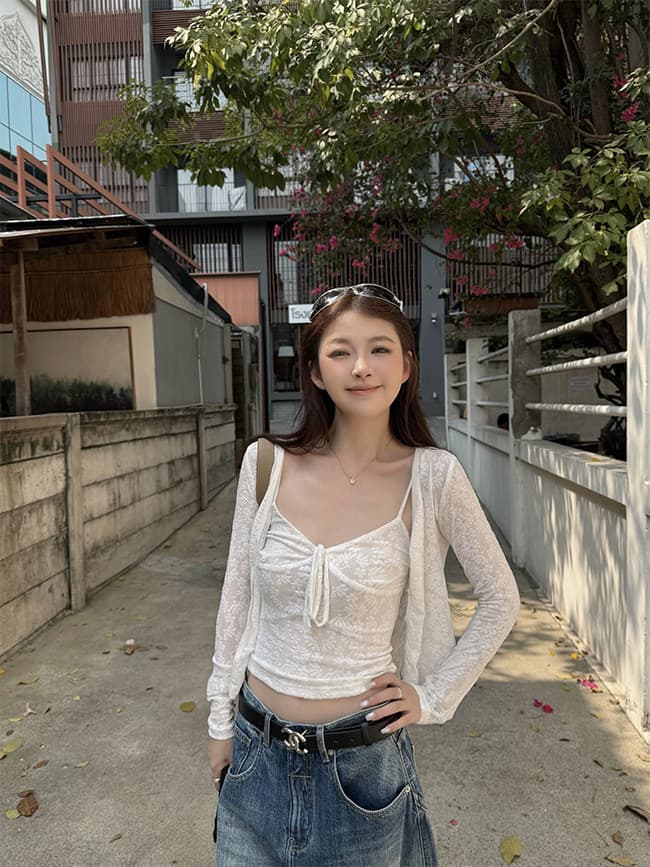 다우 다우 눈 푸 부드러운 분위기 센스 맞춤 레이스 조끼 나팔 소매 슬림해 보이는 몸매 가꾸기 오픈 가디건 투피스 세트 상세 이미지 16