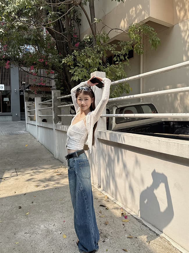 다우 다우 눈 푸 부드러운 분위기 센스 맞춤 레이스 조끼 나팔 소매 슬림해 보이는 몸매 가꾸기 오픈 가디건 투피스 세트 상세 이미지 18