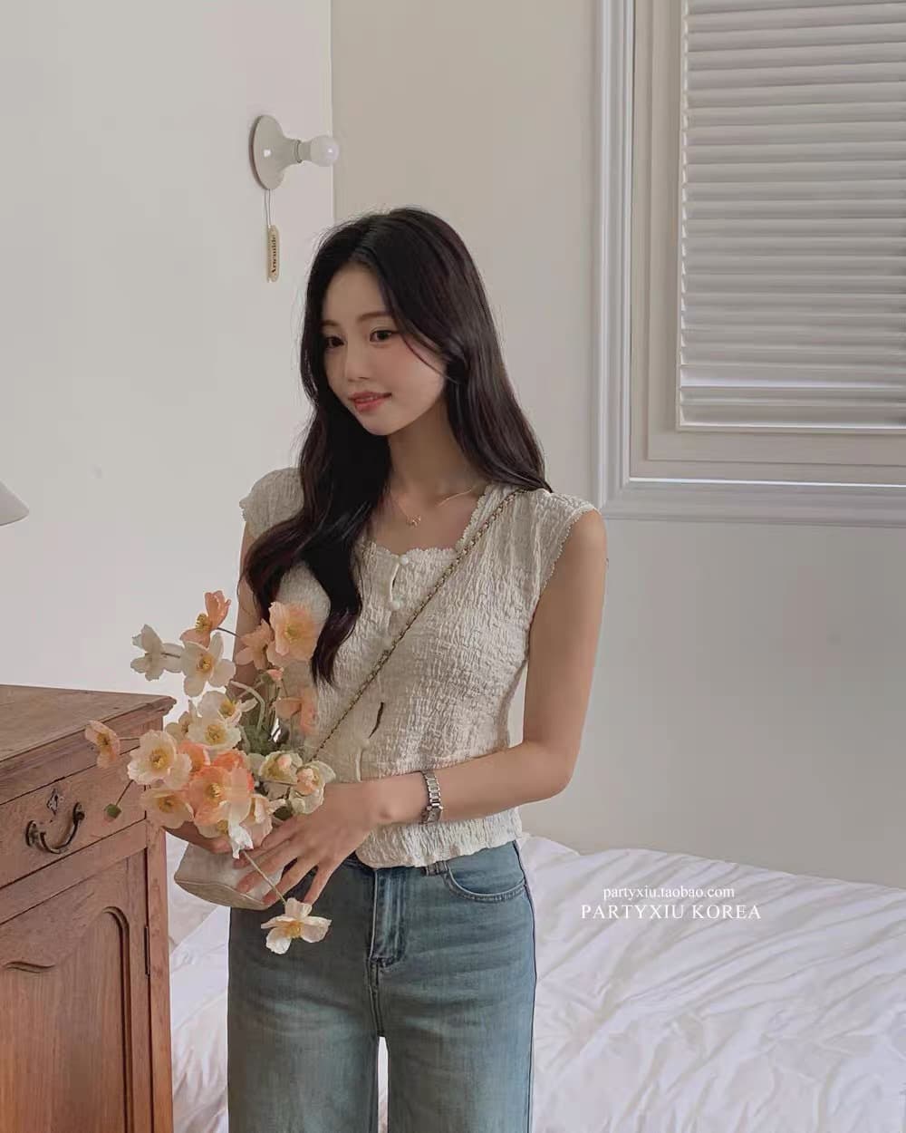 한 부서 패션 레이스 주름 질감 센스 슬림해 보이는 몸매 가꾸기 슬림해 보이는 여성 민소매 티셔츠 맨위 상세 이미지 8