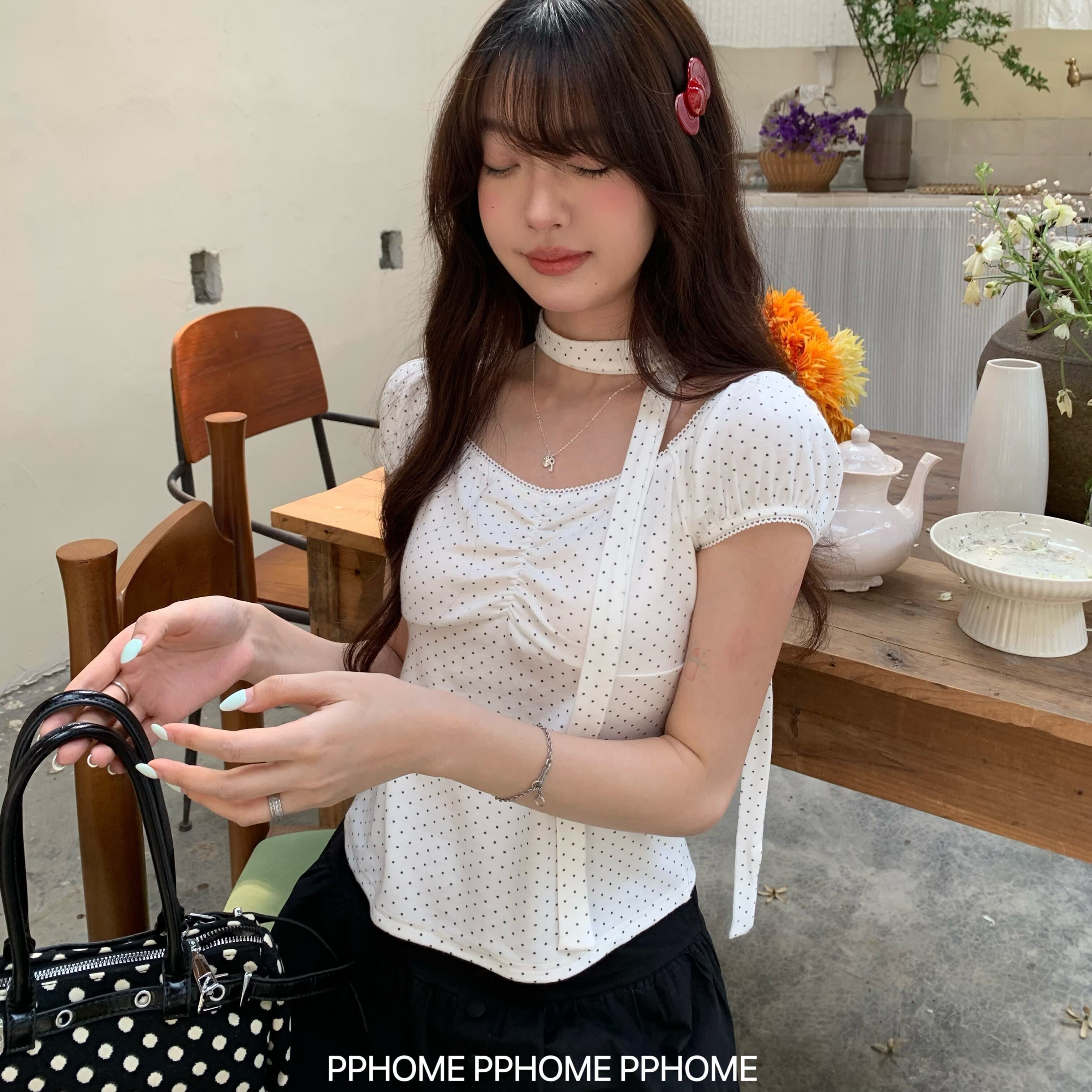 pphome 직접 만든 첫사랑 고백 한 부서 달콤함 도트 무늬 거품 소매 티셔츠 경기 리본 여름 연령 감소 맨위