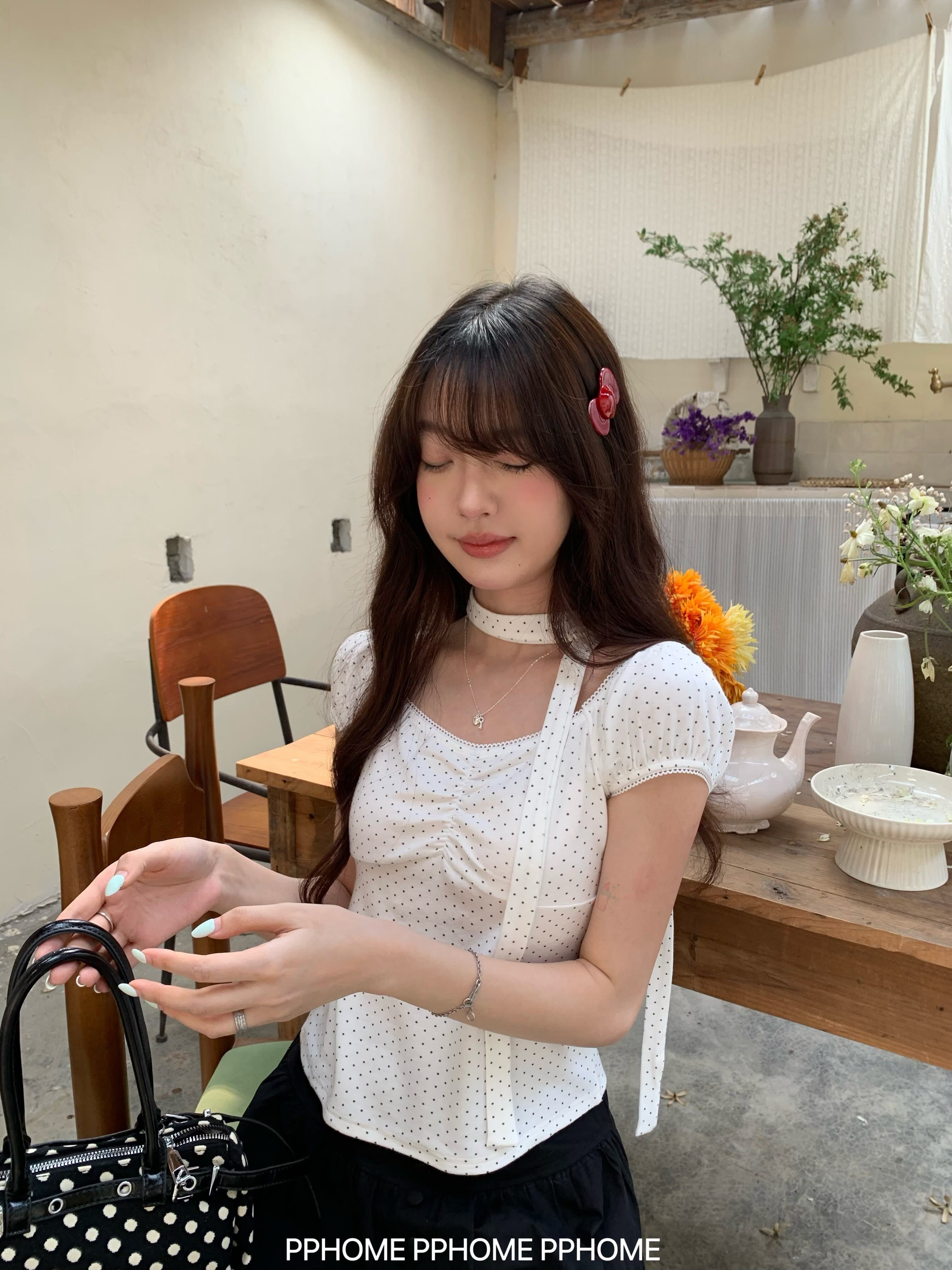 pphome 직접 만든 첫사랑 고백 한 부서 달콤함 도트 무늬 거품 소매 티셔츠 경기 리본 여름 연령 감소 맨위 상세 이미지 5