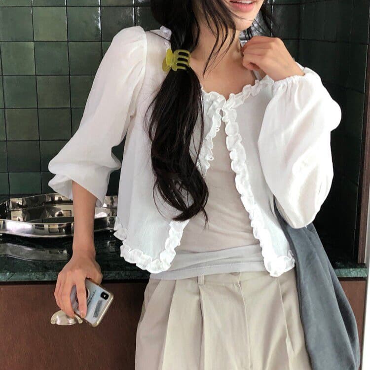 한국 스타일 봄 여름 프릴 싱글 줄 버튼 라운드 넥 루즈핏 쇼트 스타일 화이트 셔츠 태양 보호 셔츠