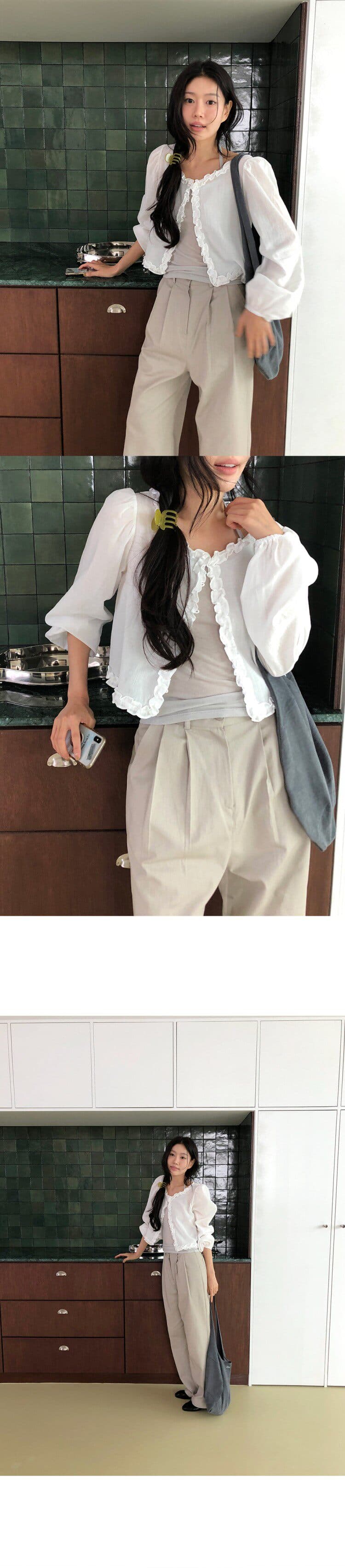한국 스타일 봄 여름 프릴 싱글 줄 버튼 라운드 넥 루즈핏 쇼트 스타일 화이트 셔츠 태양 보호 셔츠 상세 이미지 1