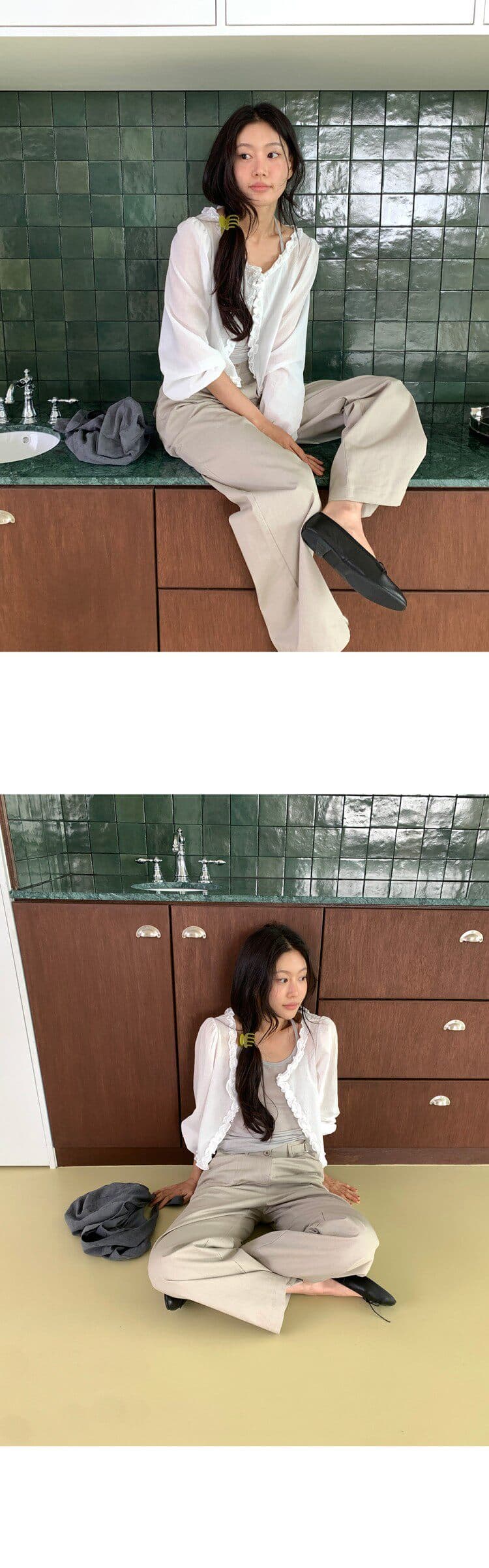 한국 스타일 봄 여름 프릴 싱글 줄 버튼 라운드 넥 루즈핏 쇼트 스타일 화이트 셔츠 태양 보호 셔츠 상세 이미지 8