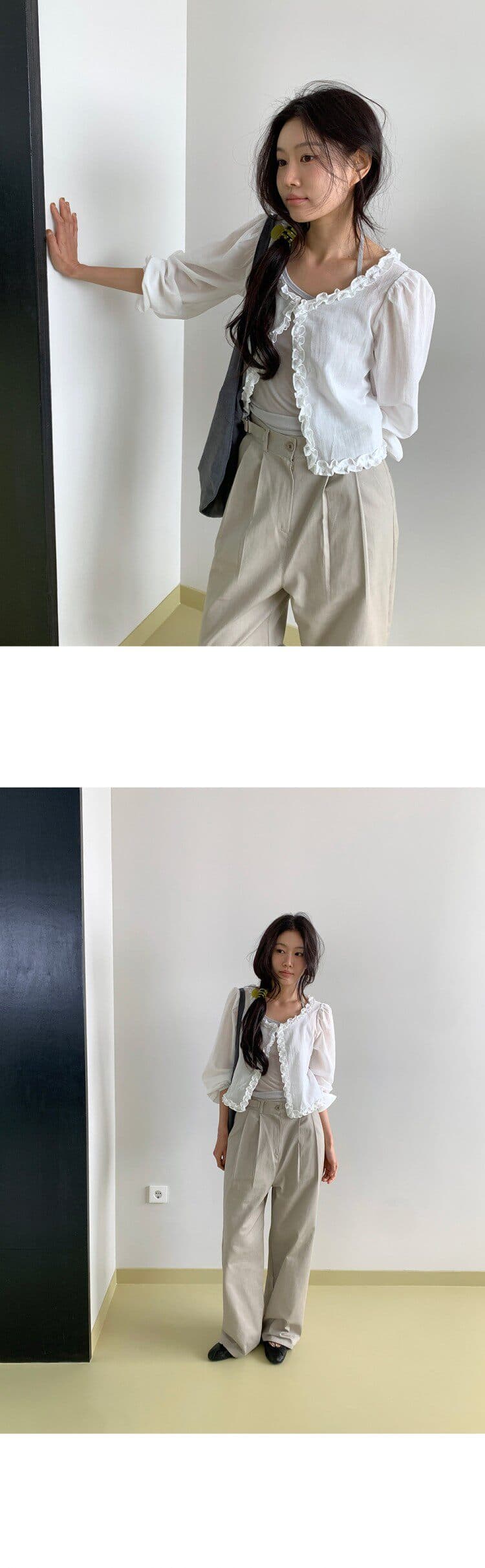 한국 스타일 봄 여름 프릴 싱글 줄 버튼 라운드 넥 루즈핏 쇼트 스타일 화이트 셔츠 태양 보호 셔츠 상세 이미지 15