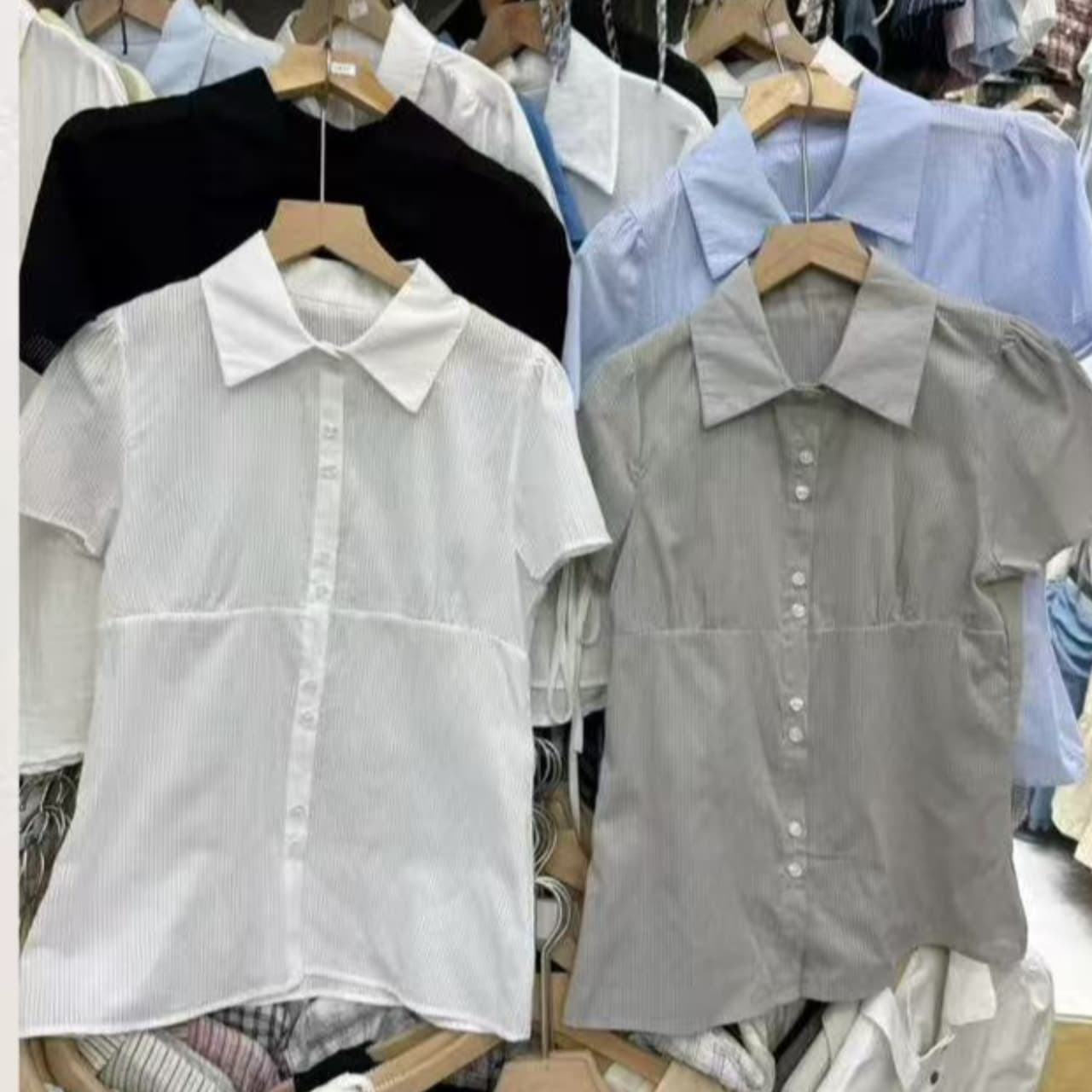 woo 한국 동대문 학원 스타일 패치워크 얇은 스타일 마이크로 ~을 통해 부서 버클 폴로 칼라 반팔 셔츠 이미지 5