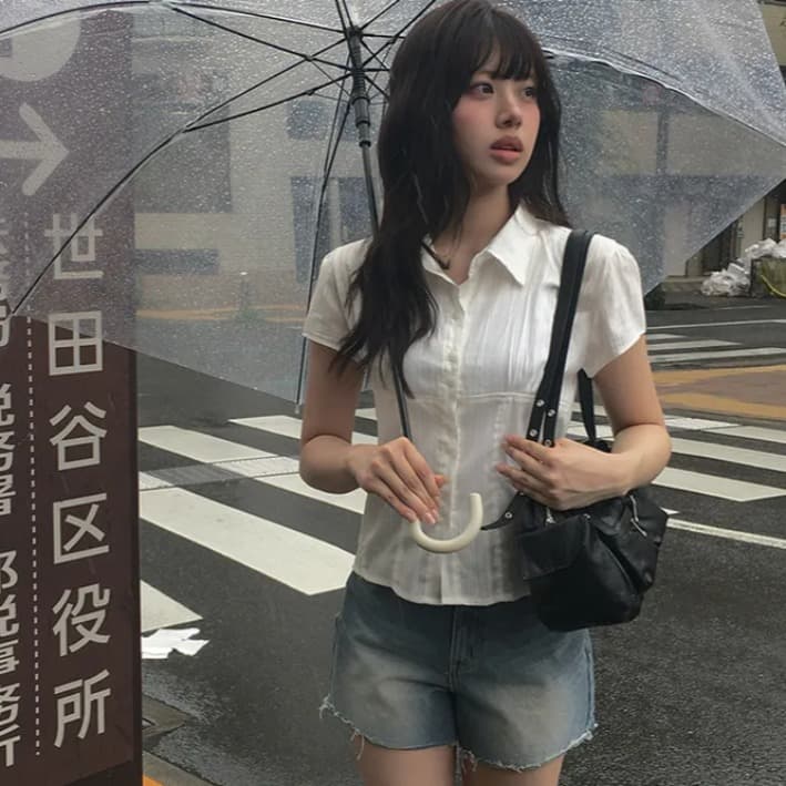 woo 한국 동대문 학원 스타일 패치워크 얇은 스타일 마이크로 ~을 통해 부서 버클 폴로 칼라 반팔 셔츠 이미지 2
