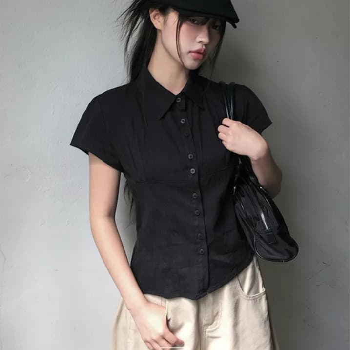 woo 한국 동대문 학원 스타일 패치워크 얇은 스타일 마이크로 ~을 통해 부서 버클 폴로 칼라 반팔 셔츠 이미지 4