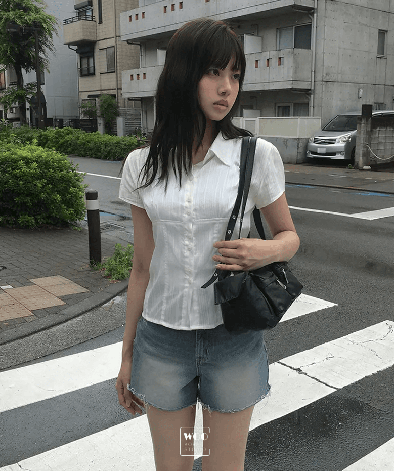 woo 한국 동대문 학원 스타일 패치워크 얇은 스타일 마이크로 ~을 통해 부서 버클 폴로 칼라 반팔 셔츠 상세 이미지 1