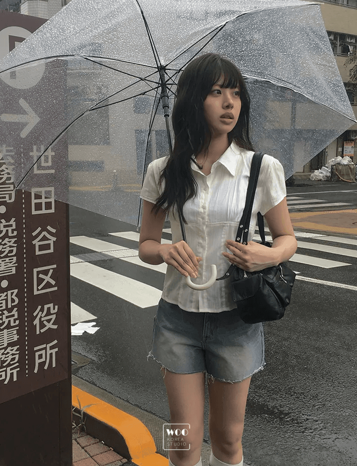 woo 한국 동대문 학원 스타일 패치워크 얇은 스타일 마이크로 ~을 통해 부서 버클 폴로 칼라 반팔 셔츠 상세 이미지 2