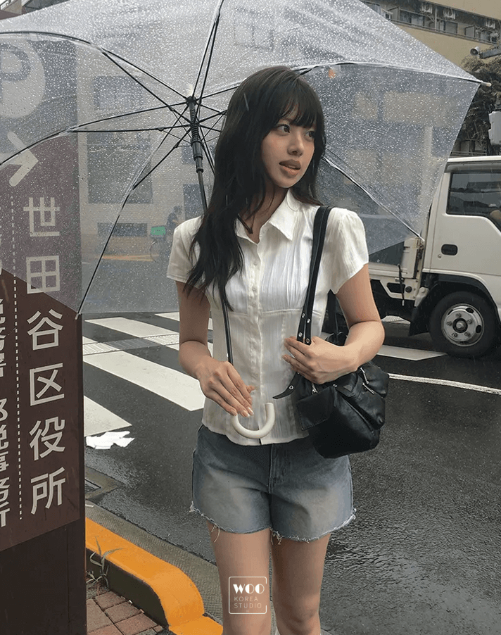 woo 한국 동대문 학원 스타일 패치워크 얇은 스타일 마이크로 ~을 통해 부서 버클 폴로 칼라 반팔 셔츠 상세 이미지 3