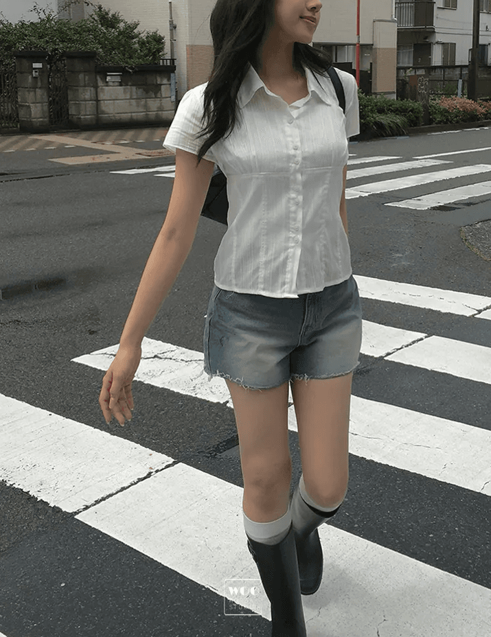 woo 한국 동대문 학원 스타일 패치워크 얇은 스타일 마이크로 ~을 통해 부서 버클 폴로 칼라 반팔 셔츠 상세 이미지 4