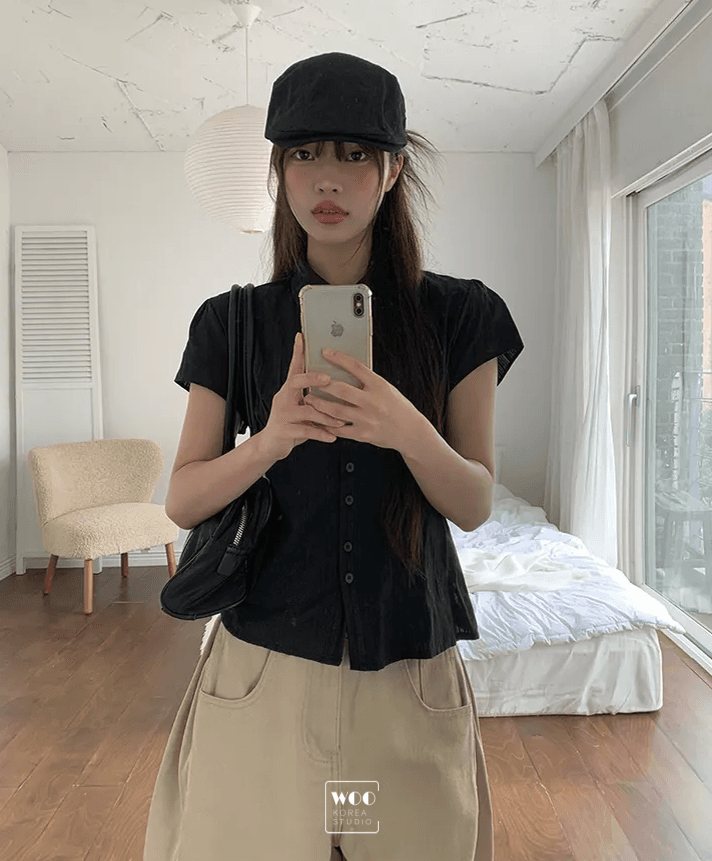 woo 한국 동대문 학원 스타일 패치워크 얇은 스타일 마이크로 ~을 통해 부서 버클 폴로 칼라 반팔 셔츠 상세 이미지 9