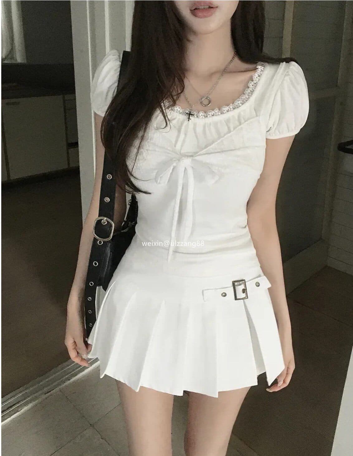 26 아모이 한국 작은 대중 가슴 레이스 레이스업 레이스 거품 소매 반팔 티셔츠 상세 이미지 7