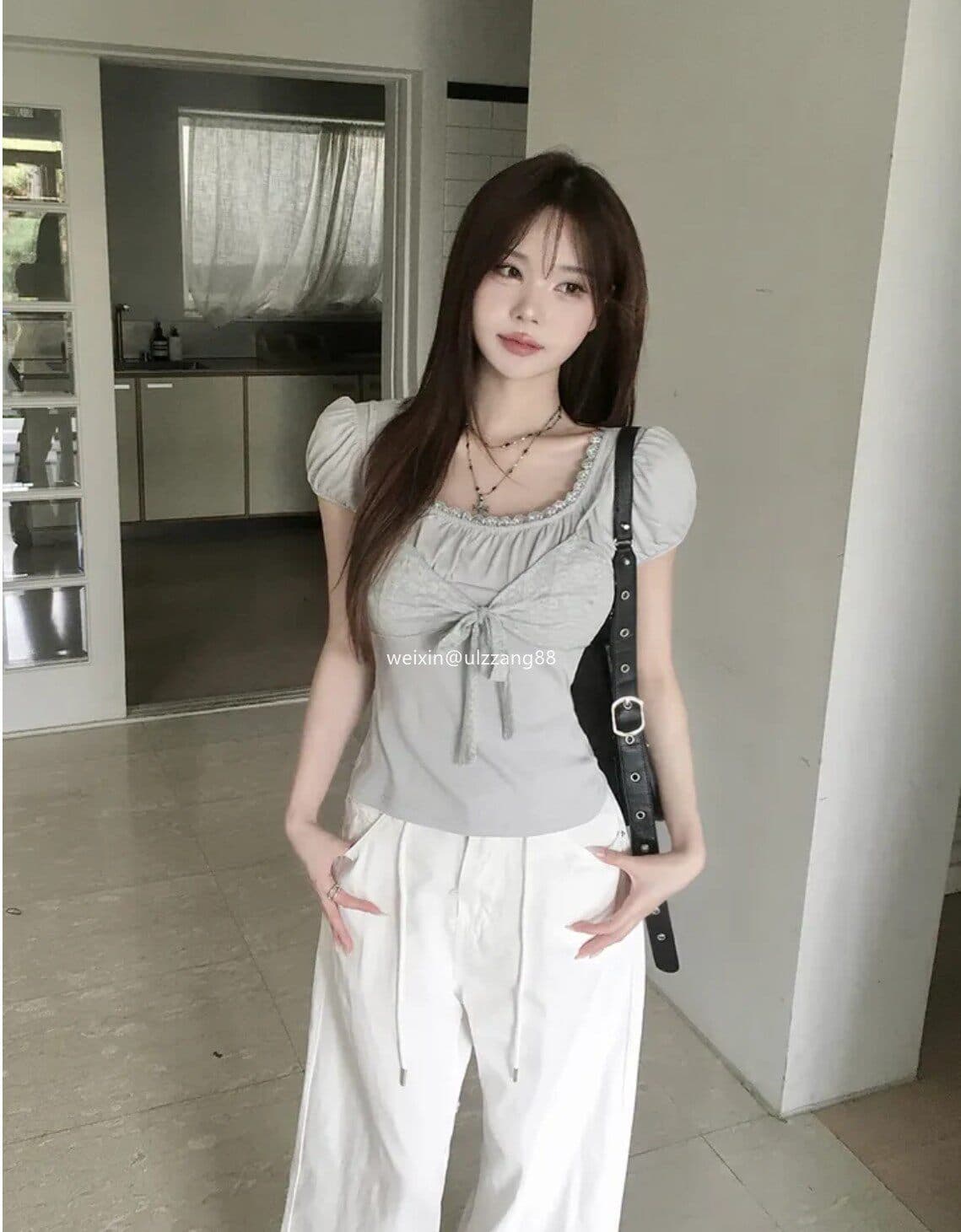 26 아모이 한국 작은 대중 가슴 레이스 레이스업 레이스 거품 소매 반팔 티셔츠 상세 이미지 11