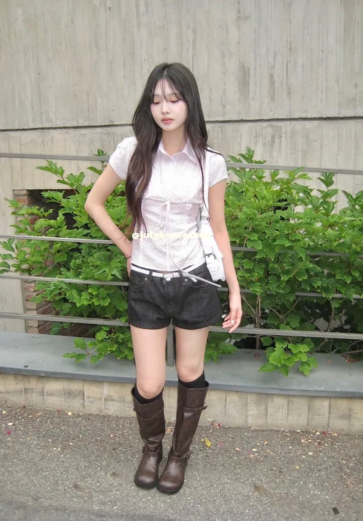 한국 작은 대중 소녀 허리 수축 다용도 일상 스트랩 슬림해 보이는 도트 무늬 반팔 셔츠 상세 이미지 4