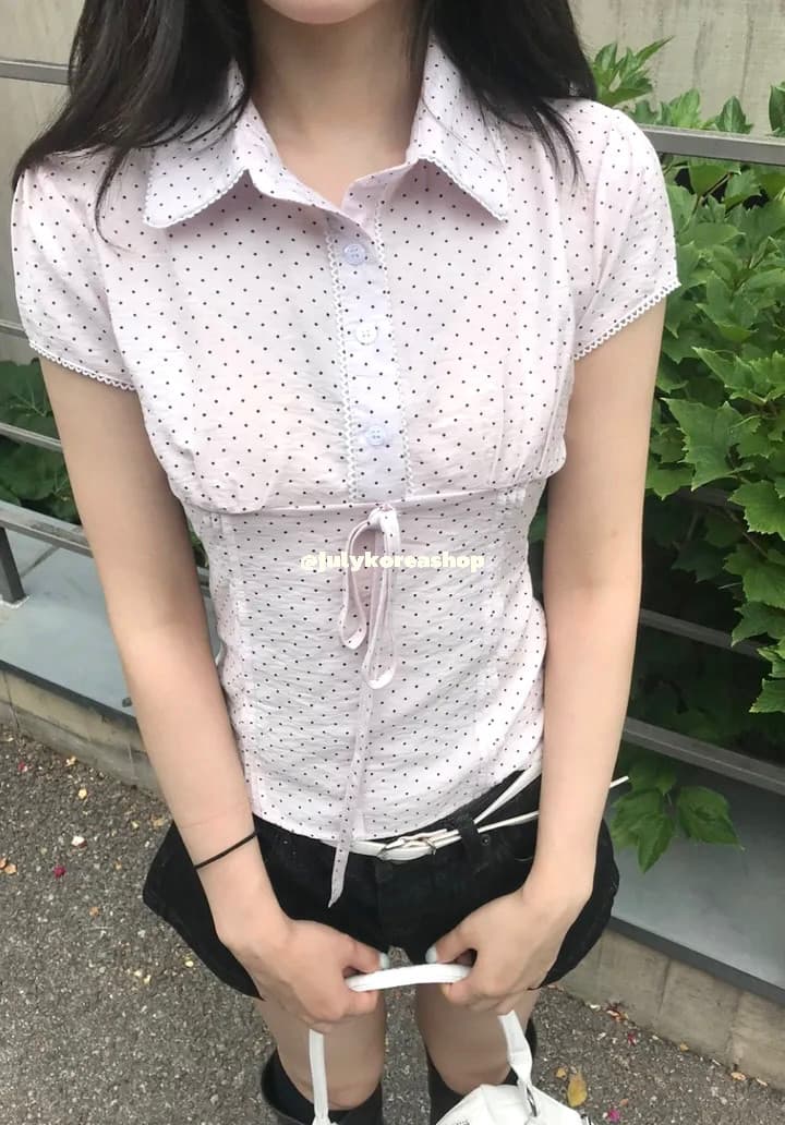 한국 작은 대중 소녀 허리 수축 다용도 일상 스트랩 슬림해 보이는 도트 무늬 반팔 셔츠 상세 이미지 6