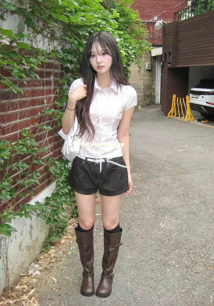 한국 작은 대중 소녀 허리 수축 다용도 일상 스트랩 슬림해 보이는 도트 무늬 반팔 셔츠 상세 이미지 8