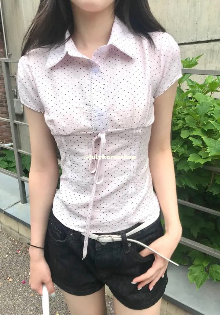 한국 작은 대중 소녀 허리 수축 다용도 일상 스트랩 슬림해 보이는 도트 무늬 반팔 셔츠 상세 이미지 13